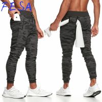 FESA Men Jogging Pants Sport Cotton Long Pants Multi-Zipper Pockets Fitness Sweatpants Slim Fit Seluar