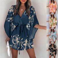 COD DSFGRDGHHHHH Women Boho Leaf Print Loose Short Dress Summer Ladies Sexy V-Neck Bat Sleeve Lace Up Dress