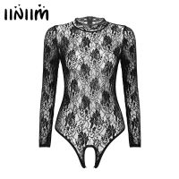 Womens Lingerie Bodystockings Crotchless Sissy Bodysuit Stand Collar Lace See-Through Back Zipper Open Crotch Exotic Teddies