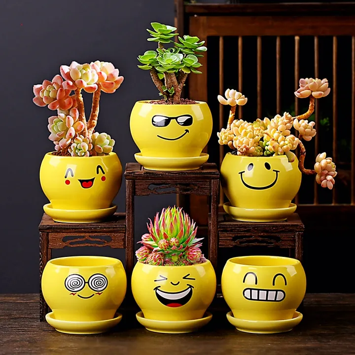Ceramic Vase Cute Emoji Yellow Ceramic with Plate Home Living and Garden Decorations and Display