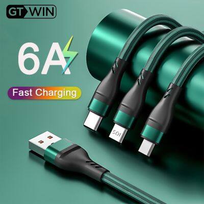 6A 100W สายชาร์จแบบซุปเปอร์ชาร์จ USB ชนิด C 3 In 1ไมโคร USB USB Type-C สายสำหรับ Iphone 14 13 Samsung Xiaomi Huawei สายชาร์จเร็ว