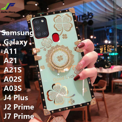 JieFie สำหรับ Samsung Galaxy A11 / A21 / A21S / A02S / A03S / A04S / J4 Plus / J2 Prime / J7 Prime Luxury ดอกไม้ระยิบระยับสแควร์เคสโทรศัพท์ที่มีขาตั้งโทรศัพท์ For Samsung J4+
