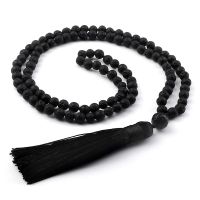 ZZOOI 6mm Black Lava Stone Knotted Necklace Natural 108 Mala Beads Pendant Tassel Handmade Necklace for Women Men Buddha Jewelry Gift