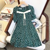 ✲¤卐 Elegant Green French Vintage Floral Mini Dress Women Square Collar Beach Sundress Party Female 2023 Summer Clothing Vestidos