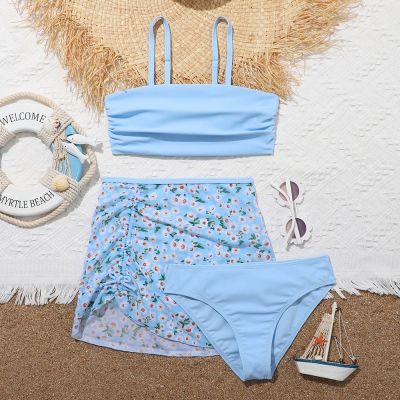﹍☢▫ Girls 3pack Ditsy Floral Print Bikini Swimsuit with Mesh Beach Skirt 7 14 Years Children 39;s Swimwear Teen Bathing Suit Beachwear