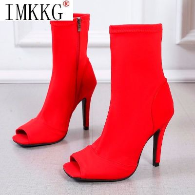 รองเท้าผู้หญิงสำหรับฤดูใบไม้ร่วง2021รองเท้าส้นสูง Gladiator บูทสีแดงดีไซน์เนอร์ปาร์ตี้เปิดนิ้วเท้าแต่งงาน