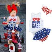 FOCUSNORM 3Pcs Baby Girls Boys Independence Day Outfit Letter Print Sleeveless Romper + Star Stripe Shorts + Hairband  by Hs2023