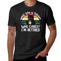 2023 NewNew What Day Is Today Who Cares I M Retired Funny Cat Coffee Lovers T-Shirt Heavyweight T Shirts Blouse Men S T Shirts