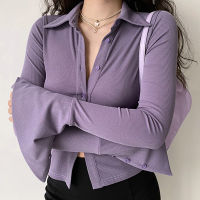 Cardigan Purple Polo Turn Down Collar Flared Long Sleeve tshirts Women Vintage Elegant Y2k Button Spring Autumn Tops