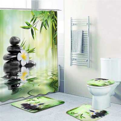 NEW Shower Curtain Bathroom Decoration 3D Bamboo Running Water Green Bamboo Shower Curtain Toilet Cover Mat Non-Slip Set