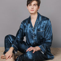 Pajama Male Fashion Jacquard Ice Silk Summer Spring Cool Pajama Sets Soft Thin Long Sleeve Sleepwear+Long Trousers Suits pyjama