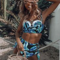 2022 New High Waist Swimwear Women Swimsuit Print Bikini Bandage Bikinis Set Padded Bathing Suit