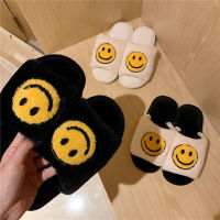 2021 Cute Smiley Fluffy Furry House Slippers Women Faux Fur Slides Shoes Female Home Soft Flip Flops Open Toe Winter Slippers