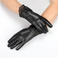 Luxury Womens Autumn Winter 100 Real Sheepskin Leather Gloves With Lace Mittens dressing glove fleece lined