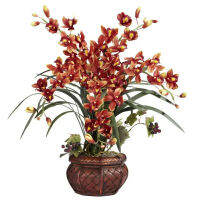 Cymbidium พร้อมแจกันตกแต่งจัดดอกไม้ผ้าไหมเบอร์กันดี