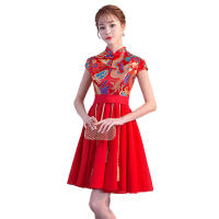 ชุดเดรสซาติน Cheongsam เจ้าสาวสีแดงแต่งงานชุดย้อนยุคกี่เพ้าผู้หญิงจีนชุดจีน Qipao Robe Orientale