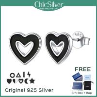 ChicSilver 925เงินสเตอร์ลิงต่างหูเม็ดกลมหัวใจสีดำขนาดเล็กแบบเรียบง่ายสีดำดาว/ดวงจันทร์/ตุ้มหูเรขาคณิตขนาดเล็กสำหรับผู้หญิงหูที่บอบบาง