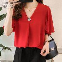 2023 Korean Style Loose Pleasure M-4XL Short Sleeve Solid Color Womens Tops and Blouses Ruffle Chiffon Blouse Women 9312 50