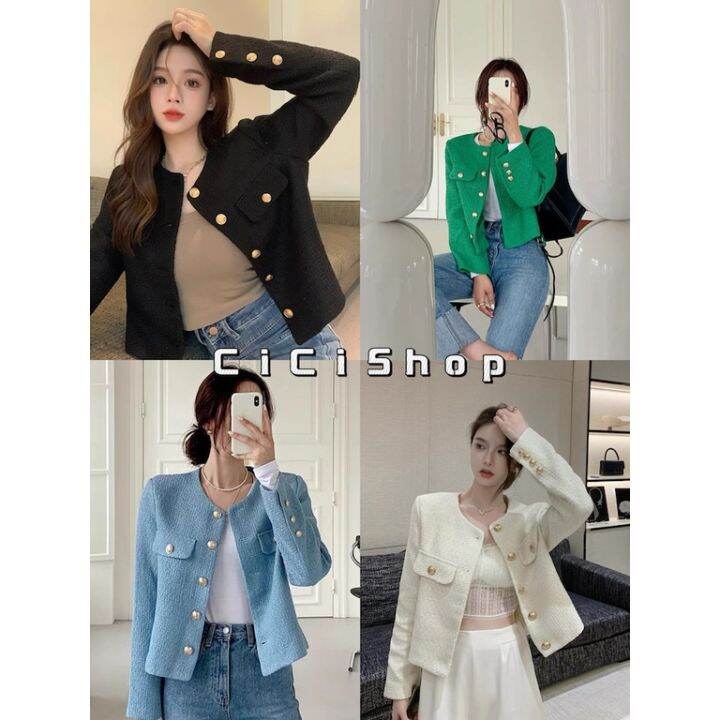 cicishop-5001-เสื้อแขนยาวผ้าทวิต-คอกลมกระดุมทองหน้า-มีซับในตัวผ้าดีย์มาก-ใส่แล้วเรียบหรูไฮโซสุด