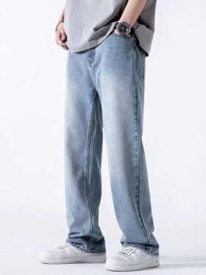 HOT11★2023กางเกงยีนส์ผู้ชายขาตรงเอวผ้าคอตตอนขากว้างทรงหลวมกางเกง celana JEANS Panjang สีฟ้าสำหรับฤดูร้อนใหม่