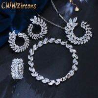 CWWZircons 4 Pcs Leaf Shape New Fashion CZ Necklace Earring Bracelet and Ring Sets Famous Brand Jewelry Womens Accessories T011