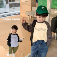 Childrens Top 2023 Spring Boys And Girls Letter Raslan Long-Sleeved T-Shirt Babys Western-Style Color-Matching Bright-Line Base Shirt