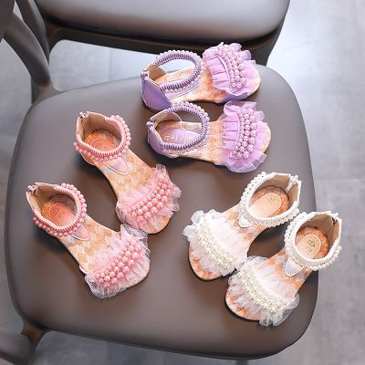 Girls Sandals Lace Pearl Zipper Sweet Luxury Summer Children Sliders Open Toe 21-36 Toddler Fashion Soft Dance Kids Sliders