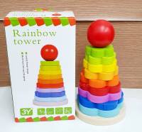 RAINBOW TOWER ของเล่นไม้ เกมส์ตัวต่อไม้ 10 สี 10 ชั้นฝึกทักษะการเรียนรู้สำหรับเด็กเล็ก