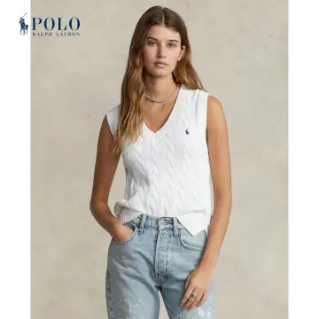 Polo Ralph Lauren Cable-Knit Cotton V-Neck Sweater Vest Female Top Yellow Size L Cotton