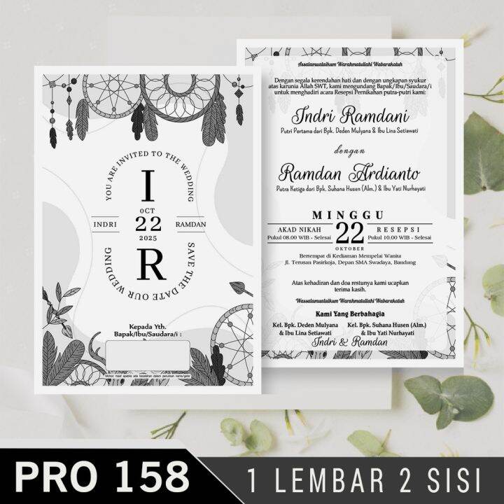 (100 PCS) 50 Desain Undangan Pernikahan 1 Lembar 2 Sisi, Grayscale