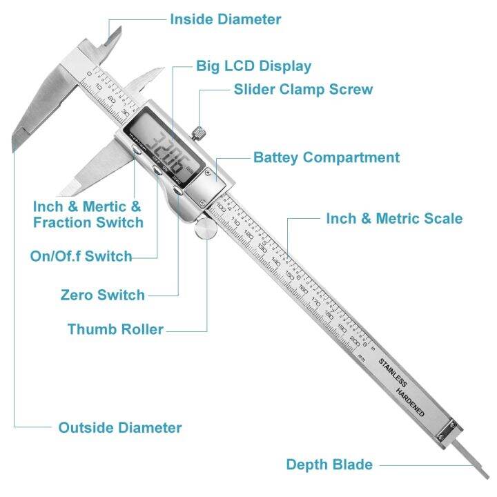 เครื่องวัดความกว้างดิจิตอลที่เก็บดิจิตอลเครื่องสอบเทียบเครื่องวัดระยะเวอร์เนีย200มม-สแตนเลสมืออาชีพเครื่องมือวัด
