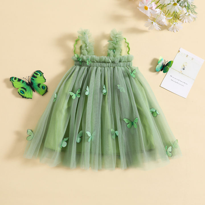 เดรสผ้าทูลล์สำหรับเด็กหญิงวัยหัดเดินเดรสเจ้าหญิงแขนกุดสีเขียวประดับลายผีเสื้อกระโปรงฤดูร้อนหลายชั้น