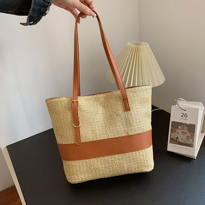 กระเป๋าฟางแบบทอฤดูร้อนแฟชั่น-pu-แบบเย็บด้วยมือกระเป๋าแบบทอใหญ่ทำด้วยมือเรียบง่ายโท้ทแบบลำลองลำลอง