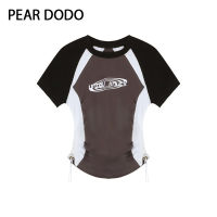 PEAR DODO เสื้อยืดแขนสั้นแขนแร็กแลนสำหรับผู้หญิงพิมพ์ลายปะติดแบบสั้นสำหรับย้อนยุคเกาหลี