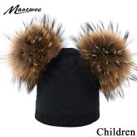 Beanie Hat For Children With Double Real Fur Pompons Knitted Winter Solid Color Hat For Kids Outdoor Warm Gorros Skullies Caps