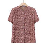 【มีไซส์ใหญ่】Plus Size XL-5XL Womens V-neck Floral Printed Summer Blouses Short Sleeve Button Up Vintage Female Tops