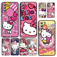 【Yellow peach flavor】 Hello Kitty การ์ตูนน่ารักโทรศัพท์กรณีสำหรับ Samsung Galaxy S22 S21 S20 FE S10e S10 S9 S8 S7 Lite Plus ขอบฝาครอบสีดำ