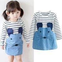 Striped Spring and Autumn Long Sleeve Dresses for Baby Girls Mouse Cartoon Casual Straight Dress for 2 6 Yrs Cotton Kids Clothes