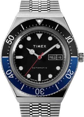 Timex 38 mm M79 Black/Blue Auto Silver Case Black Dial Silver Bracelet Silver/Blue/Black
