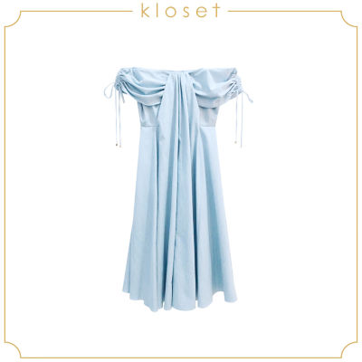 KLOSET  Off-Shoulder Pleated Dress (SS21-D004) เดรสผ้ายีน เดรสปาดไหล่ เดรสผู้หญิง เดรสแฟชั่น