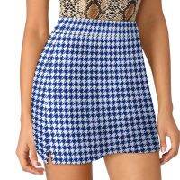 {Summer skirt} กระโปรง Houndstooth สีน้ำเงินลายย้อนยุคคลาสสิกวินเทจกระโปรงมินิสเกิร์ตฤดูร้อนดีไซน์เอวสูงชุดลำลองขนาดใหญ่ MODE Korea