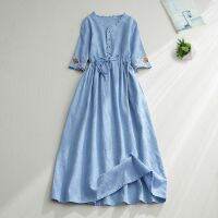 HOT14★2022 New V-neck Lantern Sleeve Edible Tree Fungus Embroidery Floral Vintage Summer Dress Cotton Linen Fashion Women Cal Dress