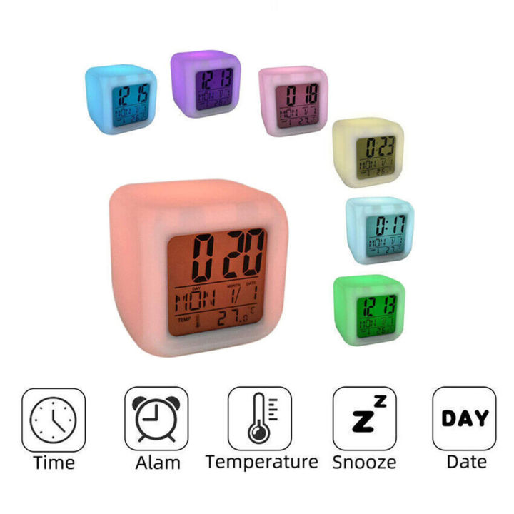 ลูกบาศก์กลางคืนเรืองแสงเครื่องวัดอุณหภูมิแบบมีสัญญาณเตือนดิจิตอล-led-7นาฬิกาสี-จอ-lcd-เปลี่ยนสำหรับห้องนอนเด็ก