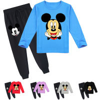 Mickeys ชุดเสื้อยืดแขนยาวสำหรับเด็กชายและเด็กหญิง,ชุดเสื้อยืดคอกลมลายการ์ตูนกางเกงวอร์มผ้าคอตตอนชุด2ชิ้นสำหรับฤดูใบไม้ผลิใบไม้ร่วง Y016