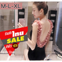 ชุดว่ายน้ำผู้หญิง วันพีช M-XL โชว์หลัง สีดำ แต่งดอกไม้สีโอโรส