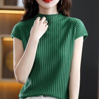 Pure Wool Essence, Thin T -Shirt Short -Sleeved WomenS Top New Knit Sweater Slim Semi -High -Necked Bottom Shirt