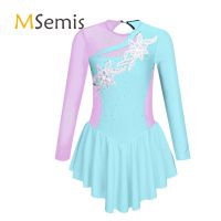 Kids Girls Ballet Tutu Dress Dance Wear Long Sleeve Round Neckline Shiny Rhinestone Figure Skating Ballerina Party Dance Dress