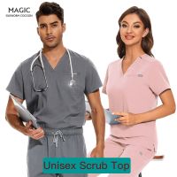 Summer Short Sleeve Scrubs Tops Unisex Medical Scrubs Uniform For Women Men Grey Pink Color Dental Clinic nursing Working Clothes