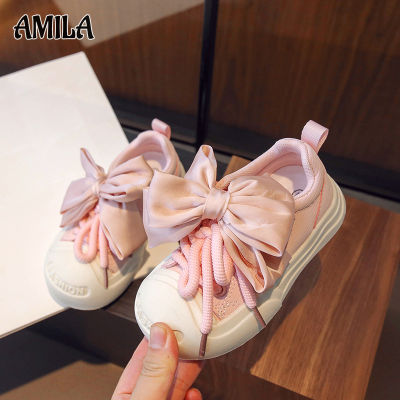 AMILA รองเท้าผ้าใบเด็กผูกโบว์ใหญ่น่ารักสำหรับฤดูใบไม้ร่วงรองเท้าสีขาวกีฬาของเด็กขนาดกลางและใหญ่ใหม่
