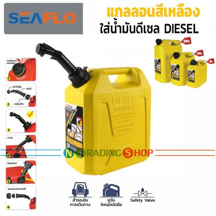 seaflo-แกลลอนน้ำมันเชื้อเพลิงสำรอง-ถังสำหรับบรรจุน้ำมันดีเซล-diesel-มีระบบ-safety-valve-ป้องกันไม่ให้น้ำมันไหลหก-ถังสีเหลือง-5-10-20-ลิตร